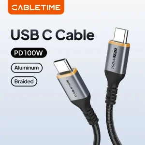 CABLETIME USB C to USB C Cable PD100W Type C Cable Alluminum Shell Braided 5A Fast Charging 480Mbps Fast