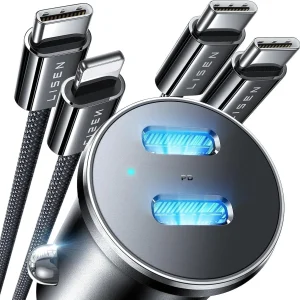 90W USB C Car Charger Fast Dual PD3.0 Ports, Type C Car Adapter 2 Cables for iPhone, Samsung