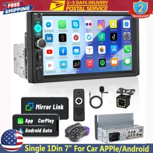 Universal 7" Single 1Din Touch Screen Stereo Bluetooth Car Radio For iOS/Android Carplay GPS With Remote Control Camera
